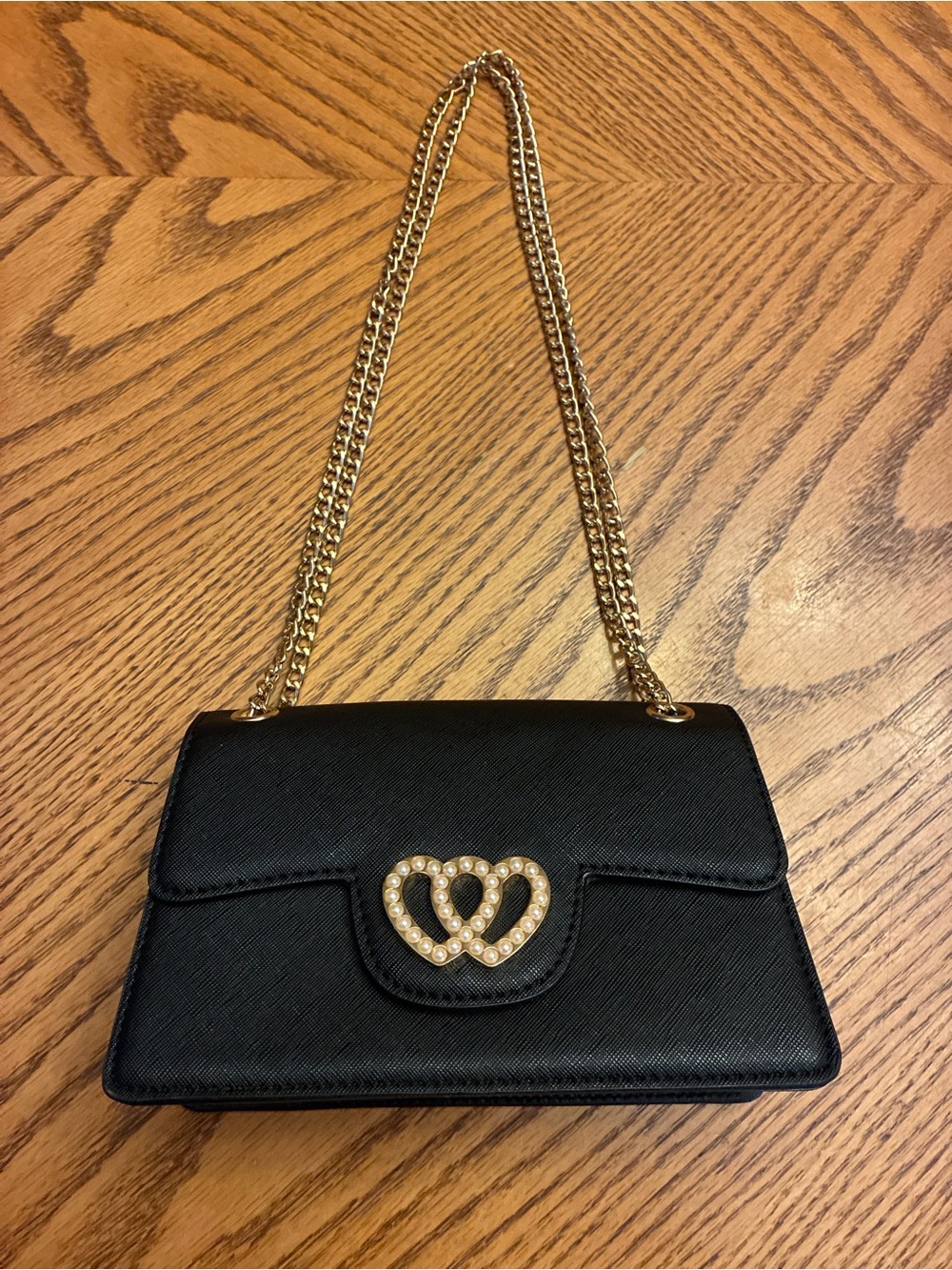 Like Dreams black Bag with Gold Chain and Pearl Double-Heart Accent